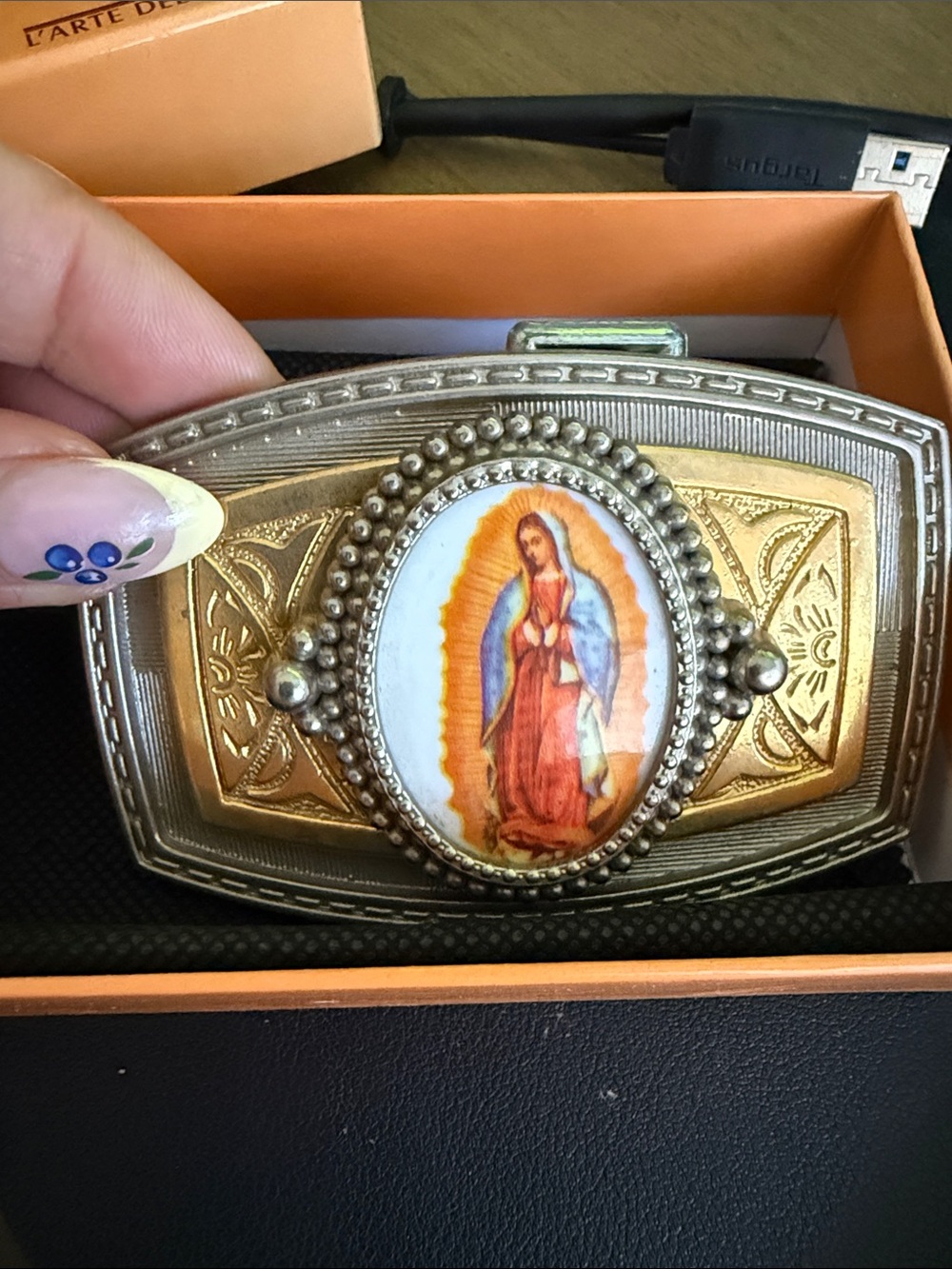 Decorative Gold-Tone Belt Buckle with Religious Medallion